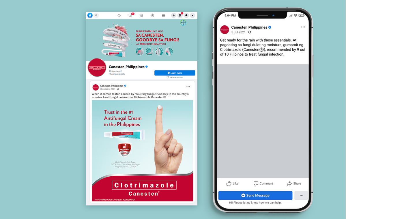 Phone view of social media Canesten Philippines posts showing the chlotrimazole anti-fungal cream.