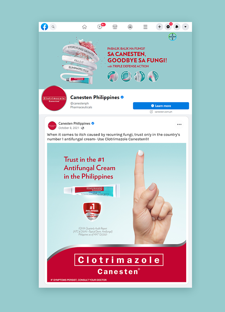 Phone view of social media Canesten Philippines posts showing the chlotrimazole anti-fungal cream.