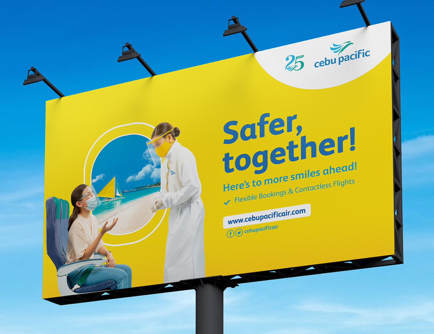 A Billboard of Cebu Pacific during COVID restrictions showing a passenger and flight attendant wearing masks and face shields.