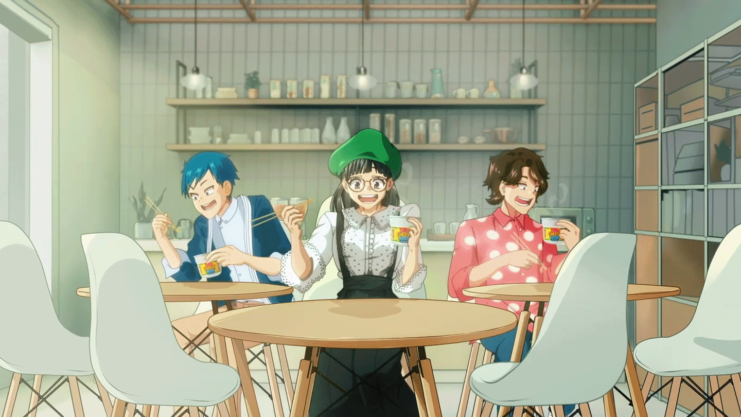 Screenshot of Nissin TVC with three animated characters eating nissin cun noodles.