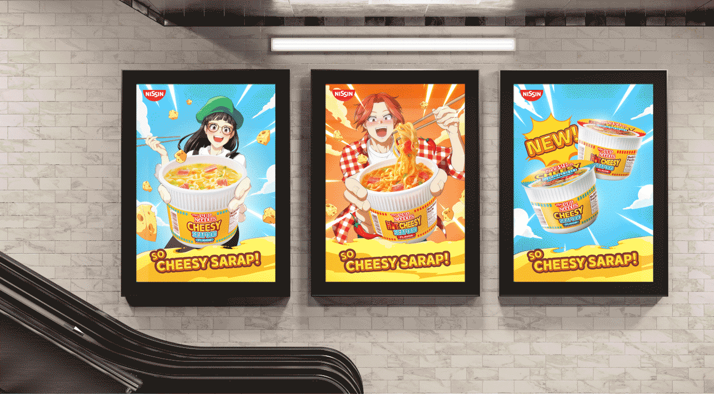 3 posters featuring the girl eating from the nissin cup, the guy eating from it and tow cups of Nissin Cheesy Seafood.