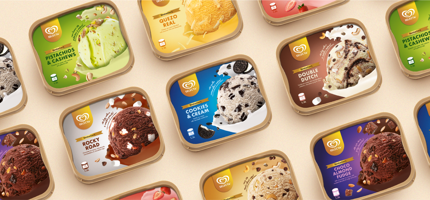 Packaging design for the various flavors of the Selecta ice cream tubs.