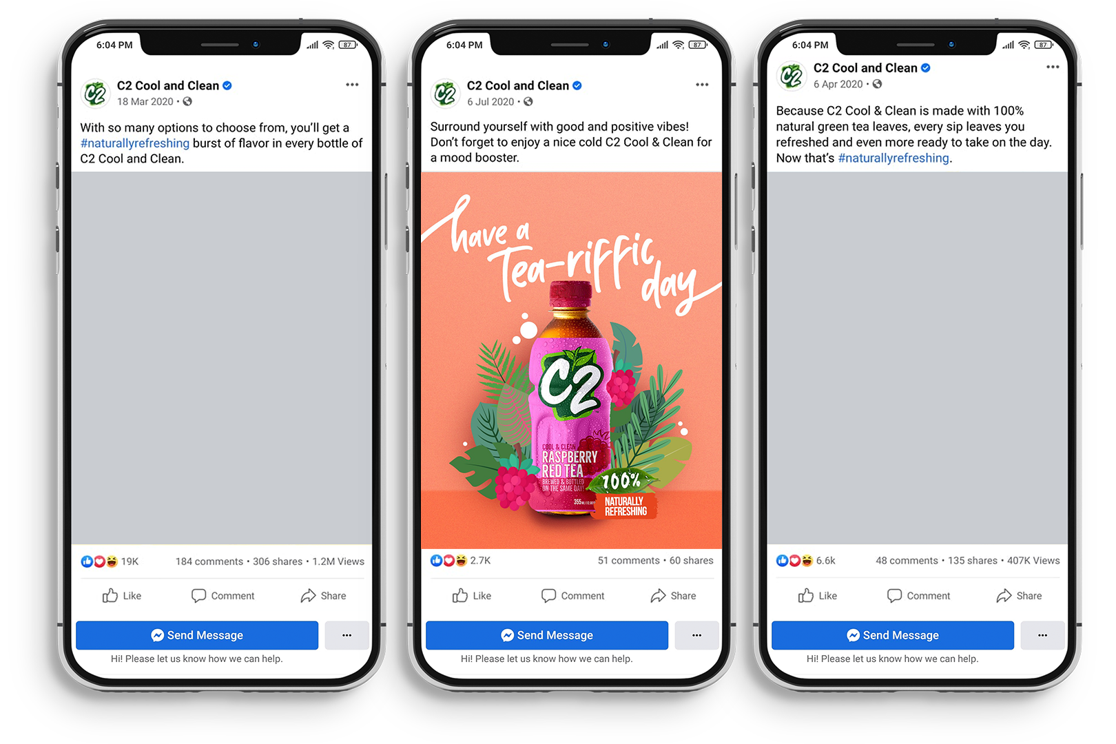 Image of three C2 Cook and Clean posts, first and third framing a video, the second one has a C2 raspberry tea image.